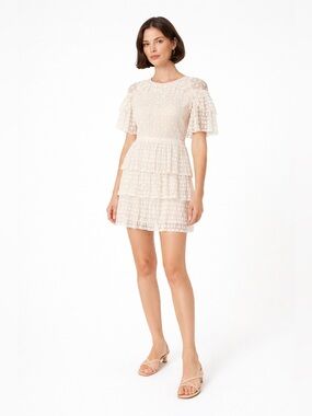 Sandro Paris Ivory Lace Pleated Mini Dress Size 34 Sz 2 Ruffle Tiered Romantic